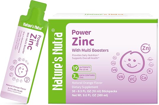 Natures Nutra Power Zinc with Multi Boosters | Liquid Stickpacks with Zinc, Vitamins, Minerals, Choline & Beta Glucan | for Kids & Adults | Natural Orange Flavor | 30 Servings