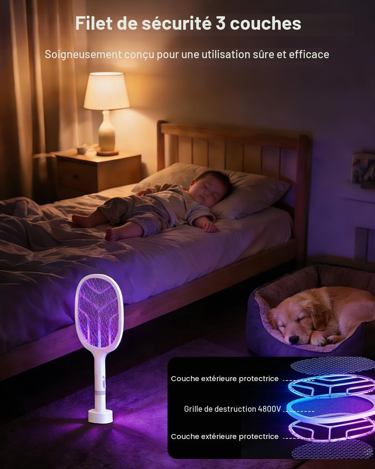 Raquette Électrique Insectes 4800V Anti Moustique 2 en 1 avec Lumière UV Rechargeable USB-C 2000mAh