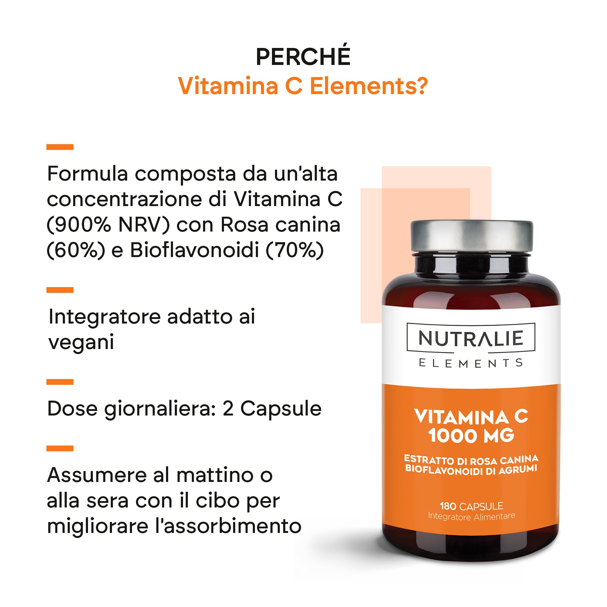 VITAMINA C da 1000 mg con - Rosa Canina e Acido Ascorbico - Difese + Stanchezza + Antiossidante - Bioflavonoidi + Vitamin C 180 Capsule Nutralie
