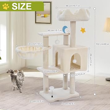 Cat Tree Tower with Hammock,40Cat Trees for Indoor Cats Large Adult(White)