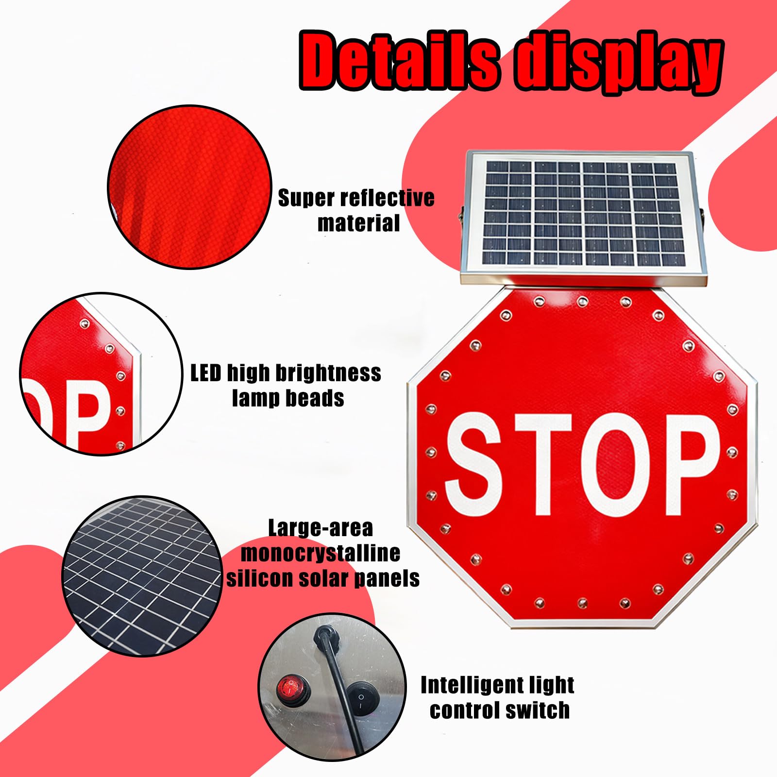 Señal de Stop LED Solar de 61 cm, Intermitente y Reflectante, con Marco metálico Octogonal Resistente a la corrosión, Resistente al Agua IP65, Ideal para estacionamientos, autopistas.