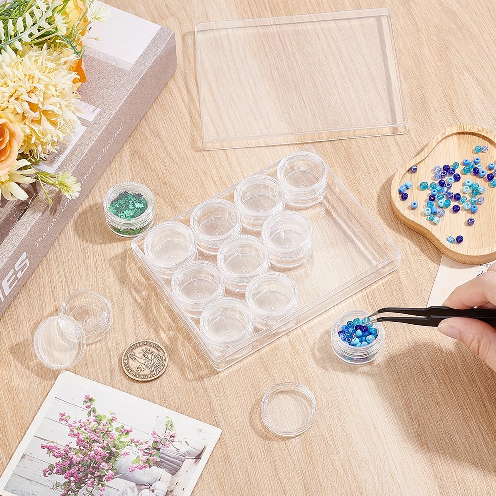 CRASPIRE Bead Clear Storage Organizer Box with 12Pcs Mini Jars 1.2 x 0.7 inch Round Plastic Diamond Containers Beads Holder with Lid Jewelry Earrings Sewing Threads Rings Necklace Nail Craft Case