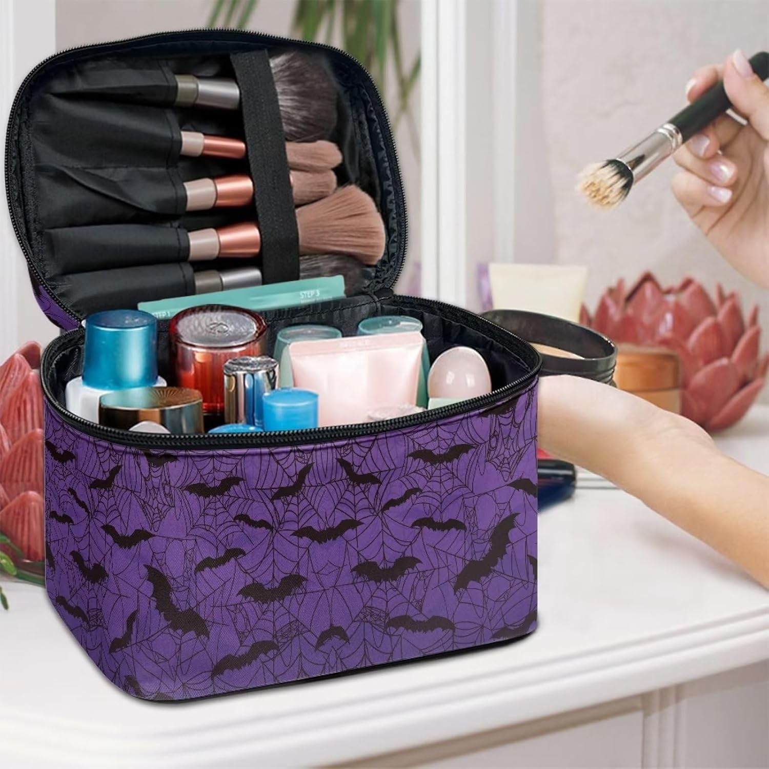 Gothic Halloween Purple Spider Web Bag Bats Print Makeup Bag Travel Cosmetic Bag with Zipper and Handle Portable Large Capacity Toiletry Case for Women Ladies Travel Accessories - Image 5