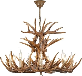 Vintage Antler Chandelier Lighting 9-Light Deer Antler Ceiling Light Fixture with Chain Mount, Brown Art Deco Lighting for Living Room Dinning Room (9 Lights +6arms)