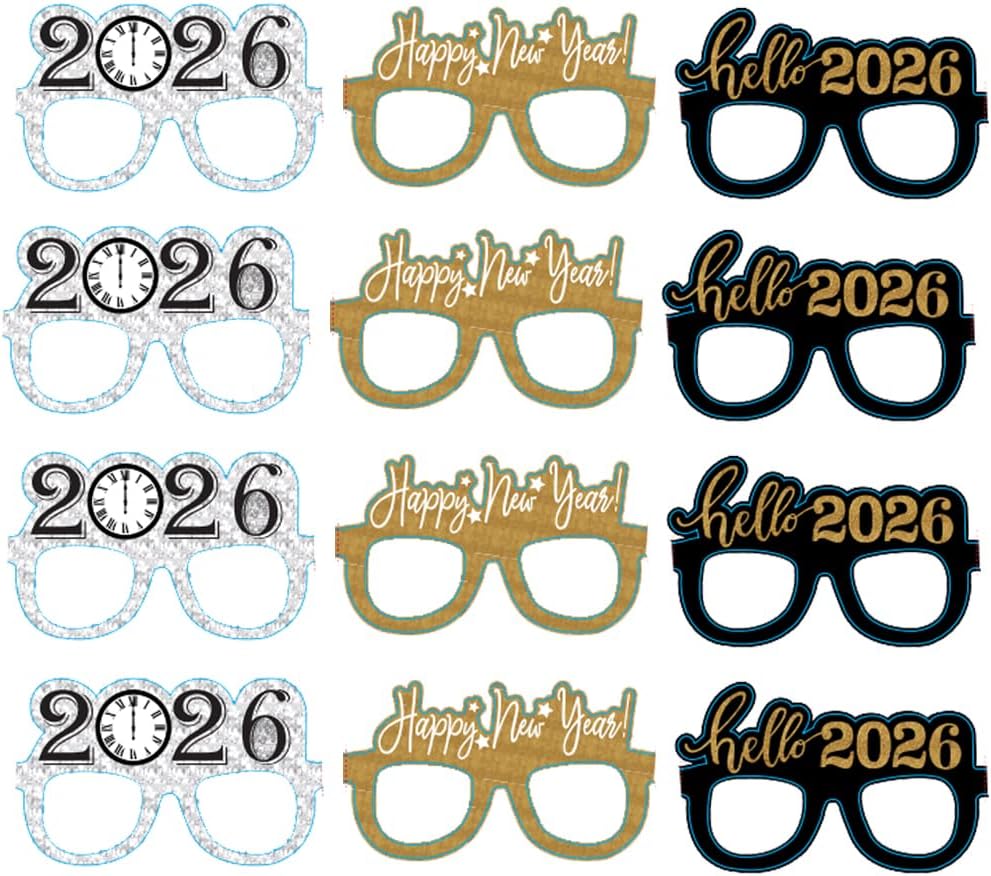 12 Pcs Happy New Year Eyeglasses,Hello 2026 Party Paper Glasses, Black and Gold Glitter New Years Eve Party Supplies 2025,Clock Countdown Favors for Costume Party,NYE Decorations 2026