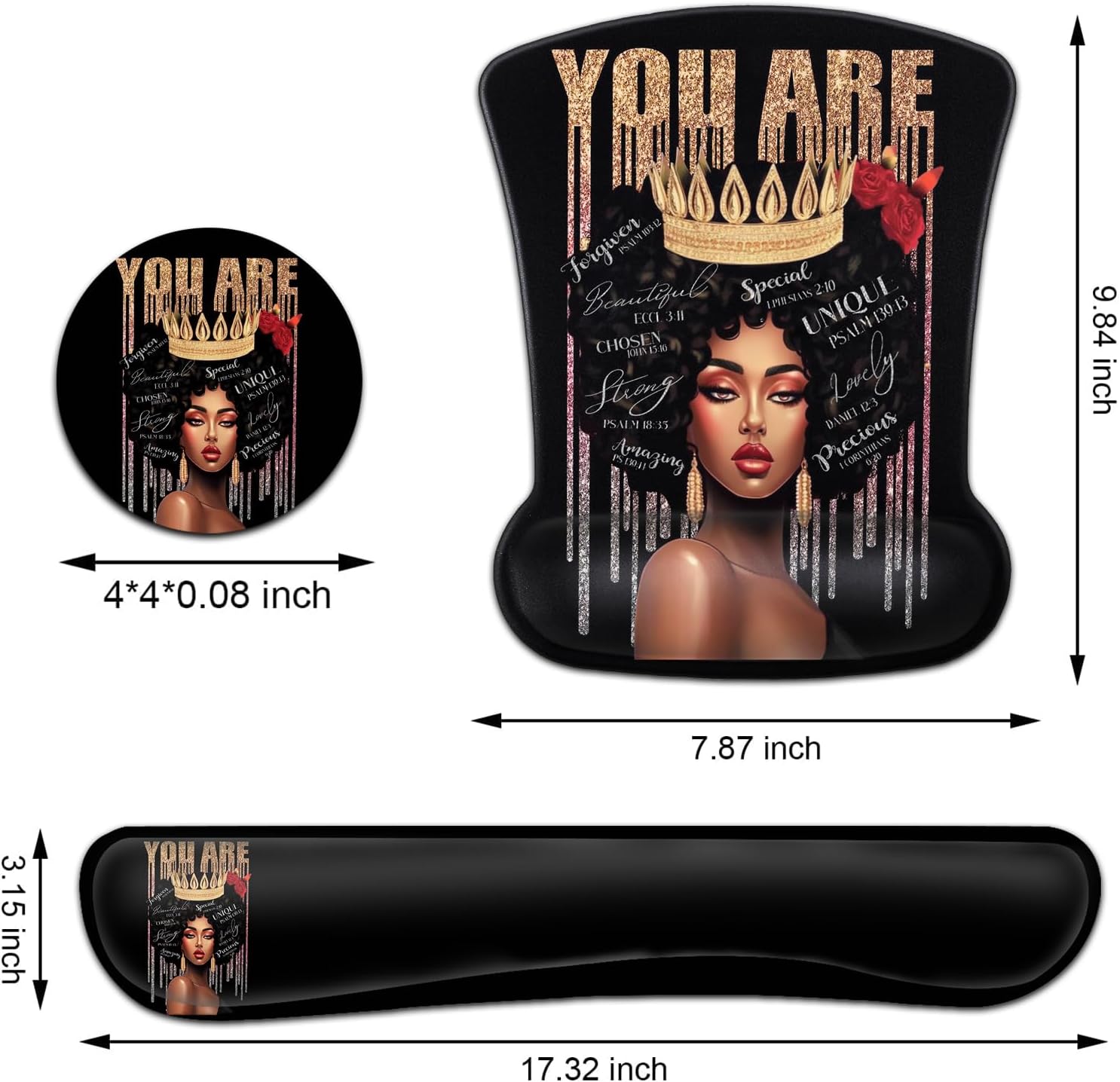 Keyboard Wrist Rest and Mouse Pad Wrist Support Set, Ergonomic Gel Mouse Pad Wrist Rest with Non-Slip Base for Home Office Desk Pad Easy Typing, African American Black Women Gaming Mouse Pad