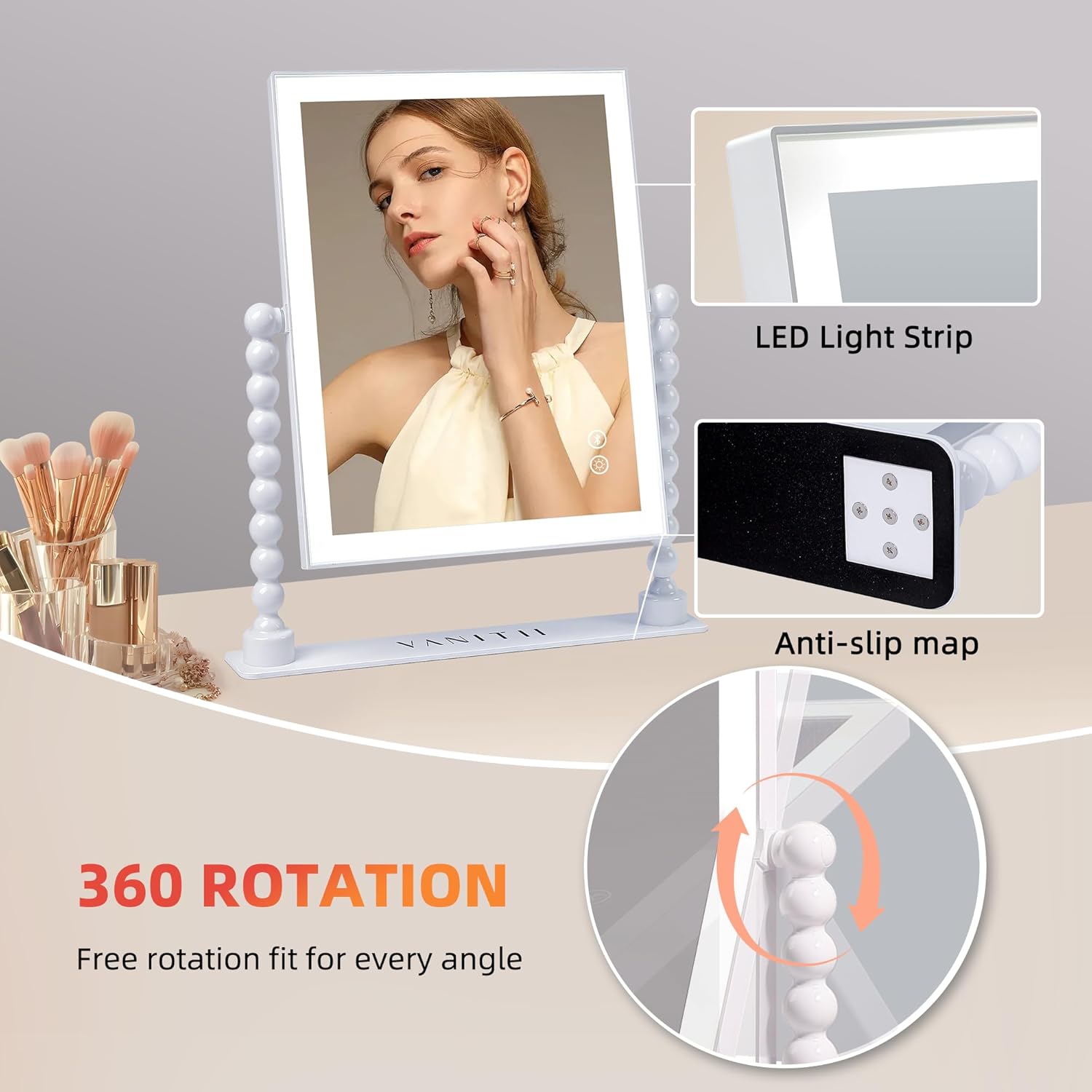 Vanity Makeup Mirror with Lights 9”x12” Hollywood Mirror with Music Speaker Dimmable 3 Color Lighting Light up Mirror with 10X Magnification 360 Degree Rotation for Bedroom Bathroom