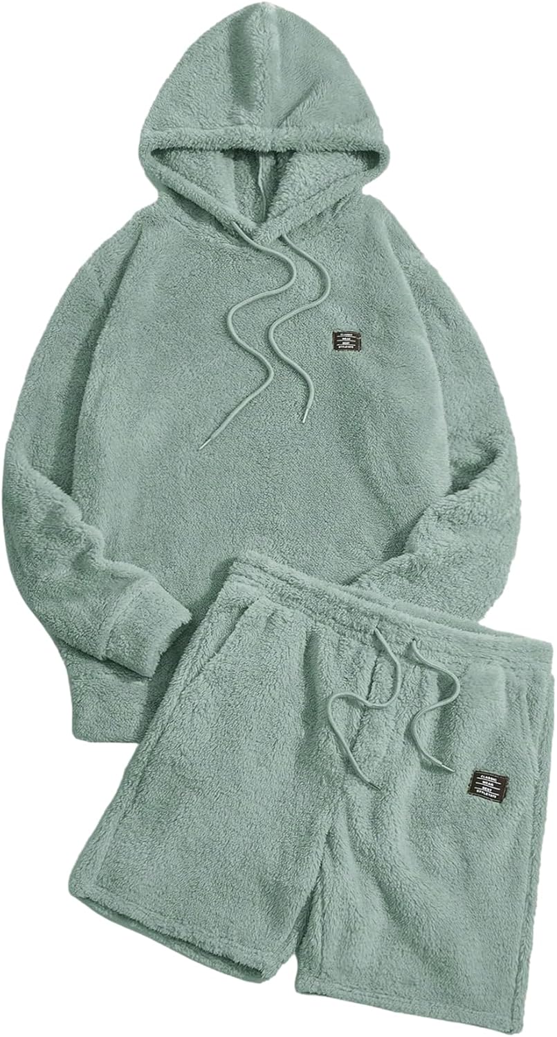 Verdusa Men's 2 Piece Tracksuit Sets Fleece Fuzzy Hooded Sweatshirt and Shorts