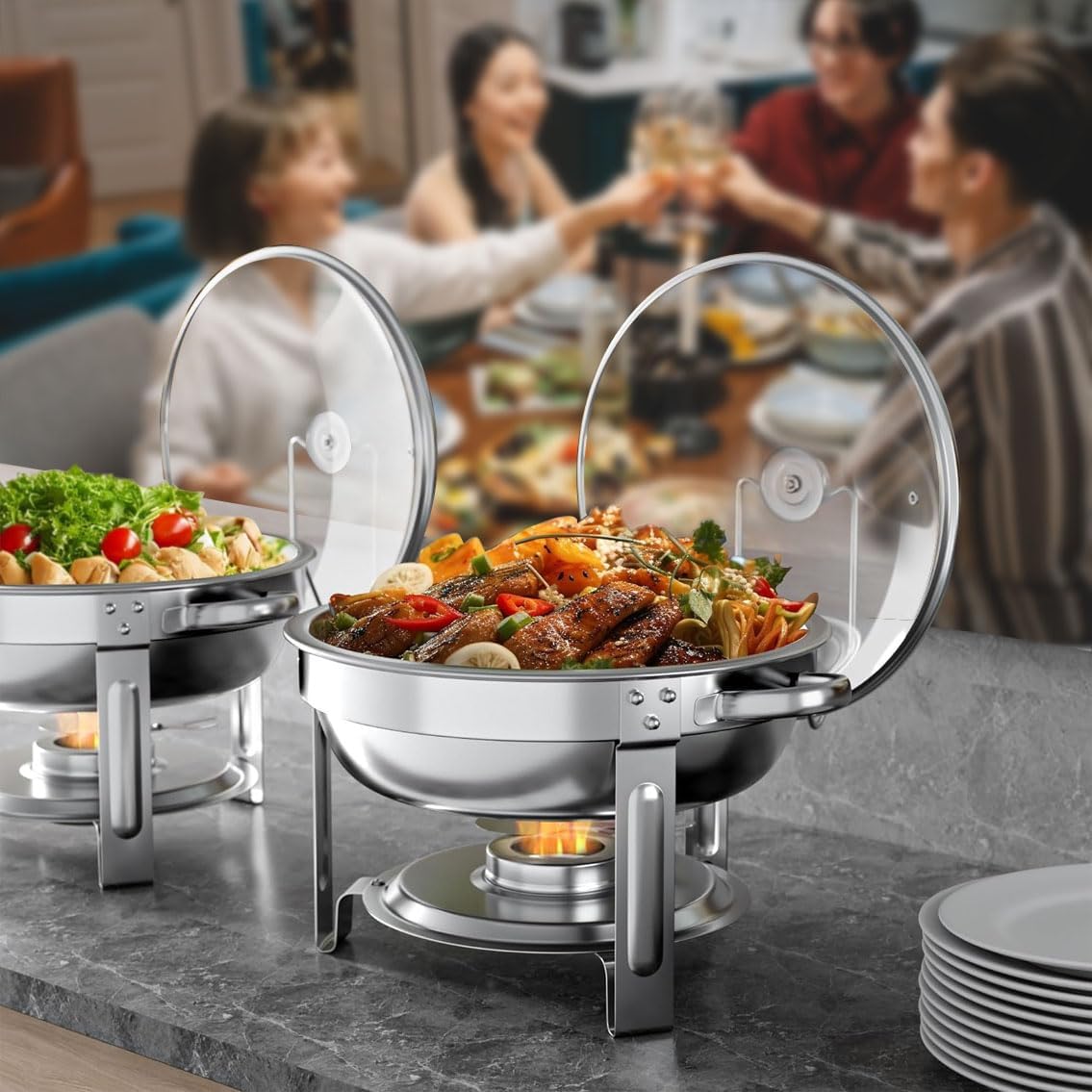 Stainless Steel Meat Casserole with Lid, 4 Pieces, Silver, for Wedding, Dinner Party, Buffet, Food Warmer, Serving Dishes