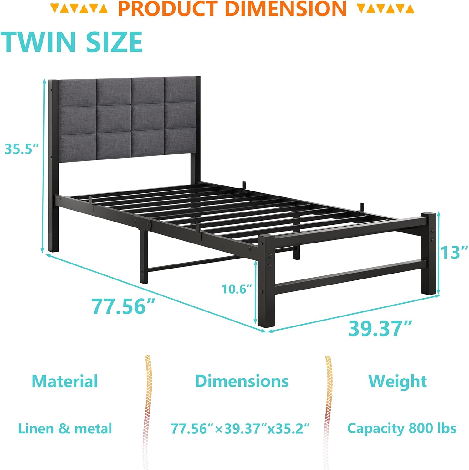 Twin Bed Frame,Metal Bed Frames with Upholstered Headboard,Classic Metal Platform Bed Frame,Twin Bed Frames with Under Bed Storage,No Box Spring Needed,Easy Assembly,Noise Free,Black&Grey