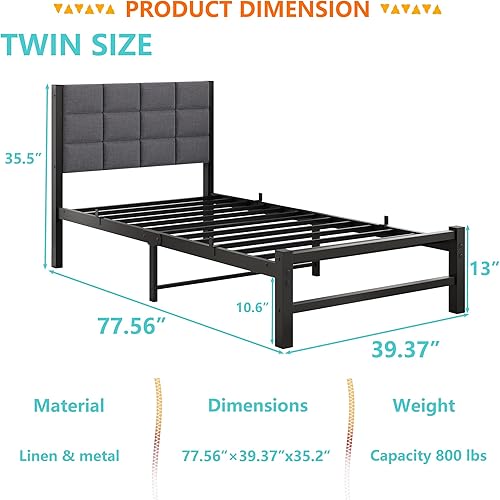 Miniatura 2 de Base de cama individual con cabecero, marco de cama individual con listones de metal, plataforma de soporte, tamaño individual con almacenamiento