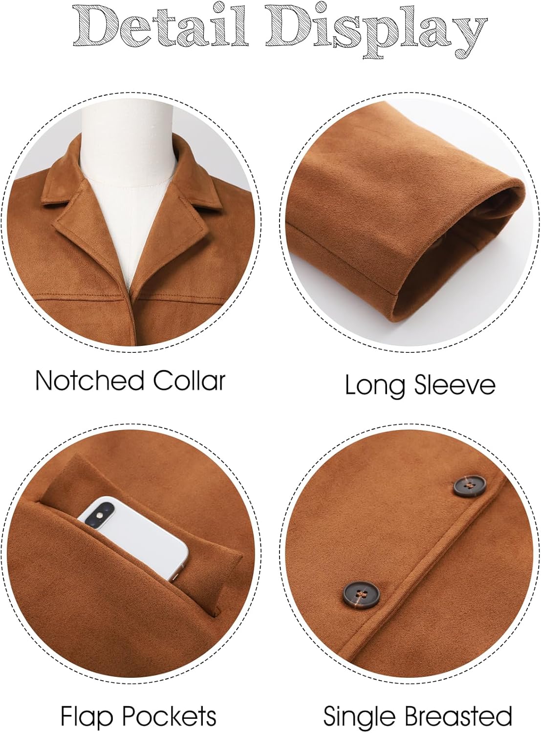 Flygo Womens Faux Suede Blazer Jacket Vintage Long Sleeve Button Down Casual Blazer Business Work Outfits(Brown-S) - Image 6