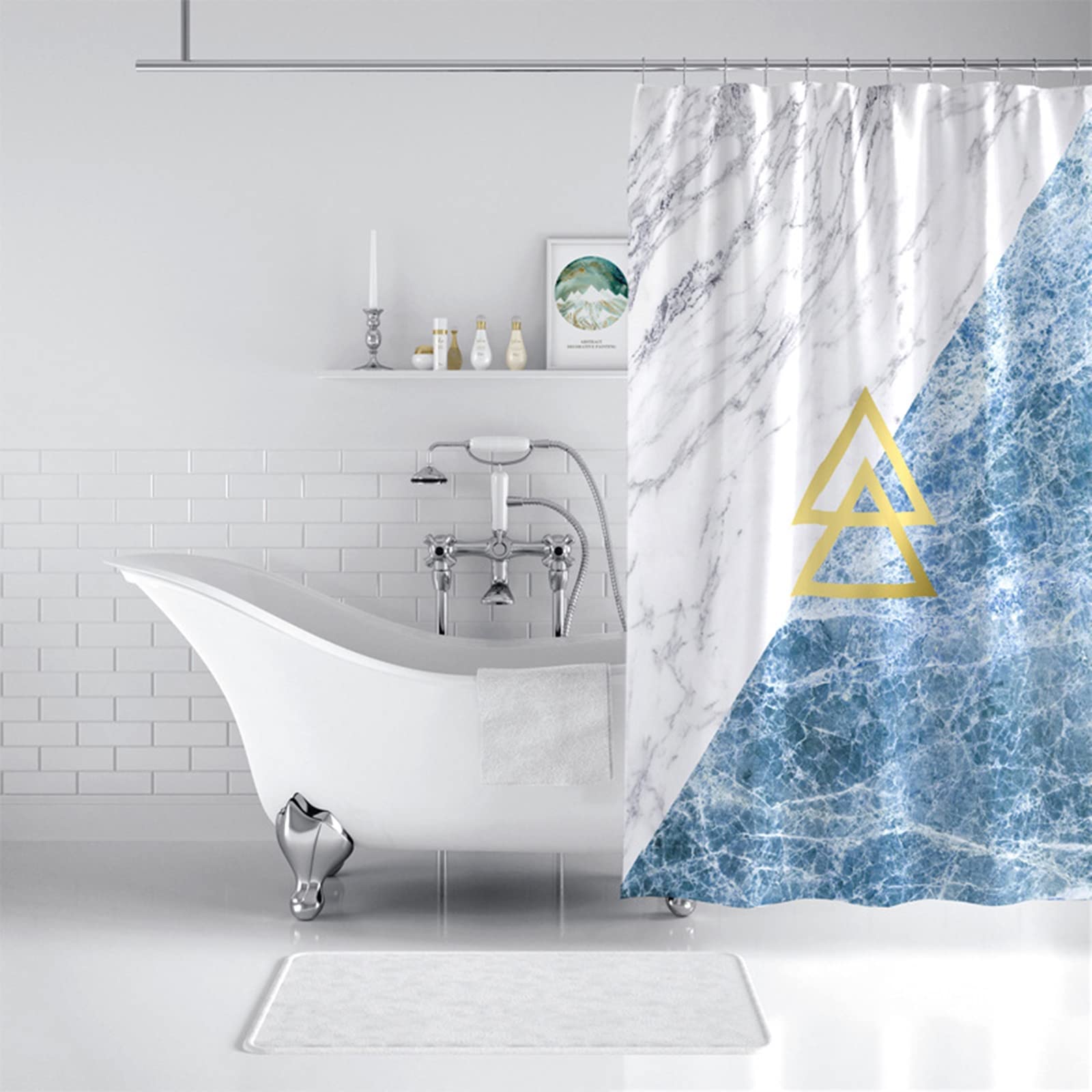 Rideau de douche polyester haut de gamme motif marbre blanc et bleu