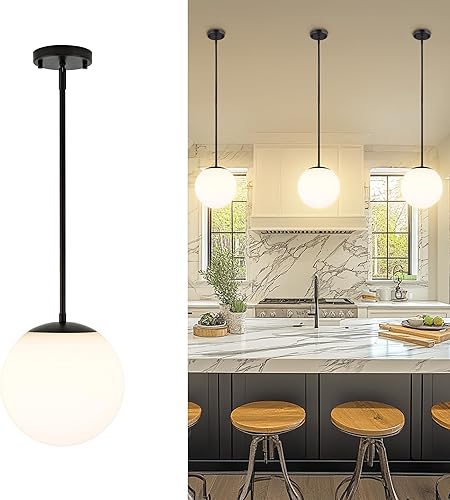 Miniatura 11 de LMS LMS-186BNC - Moderna lámpara colgante de 1 luz, lámpara colgante de isla de cocina de níquel cepillado con vidrio de globo transparente, varilla
