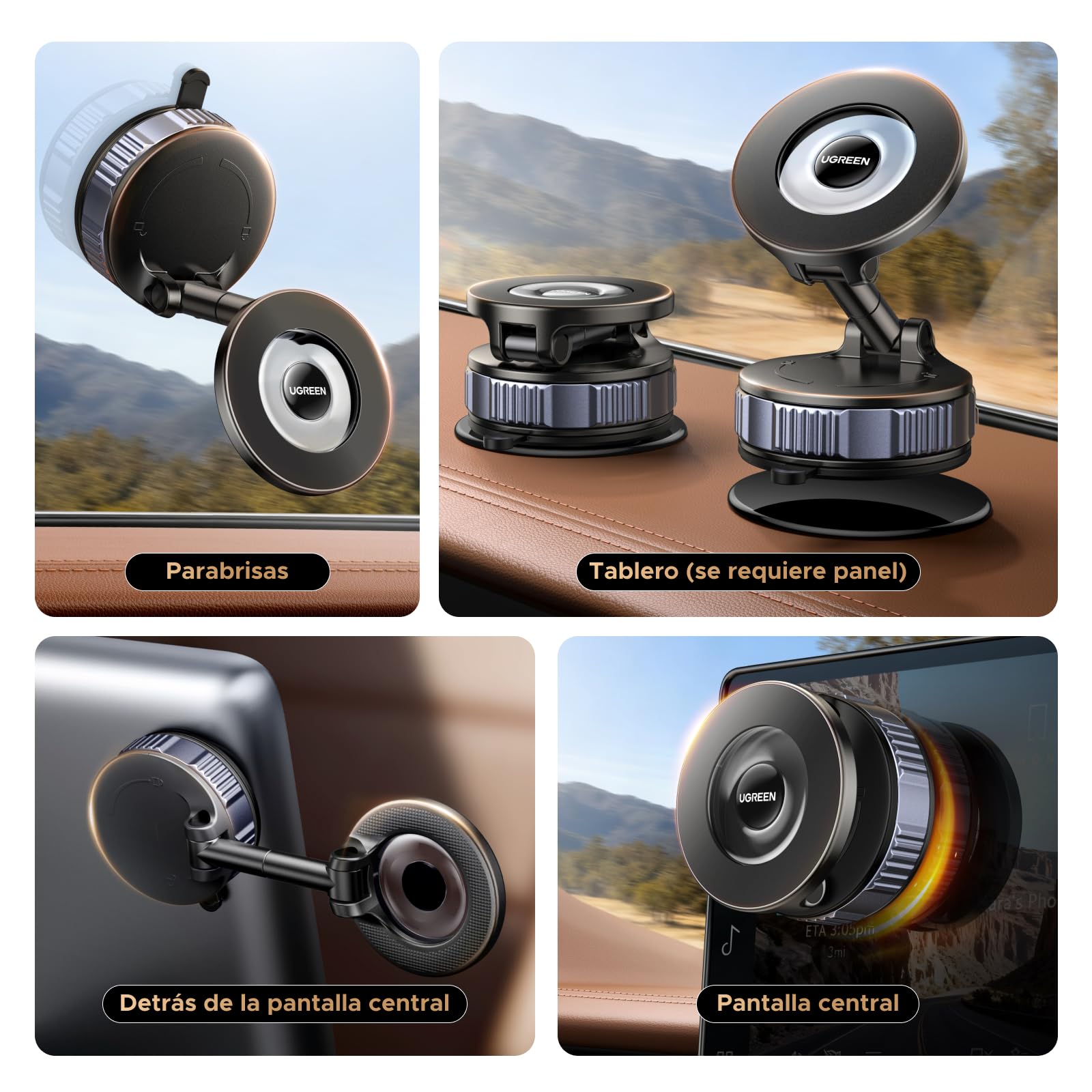 UGREEN Soporte Movil Coche Magnético Magsafe con Succión al Vacío | Imán N52H 3600gf, Soporta más 20KGF, Plegable 360°, Compatible con iPhone 17-12 Pro Max,Múltiples Escenas