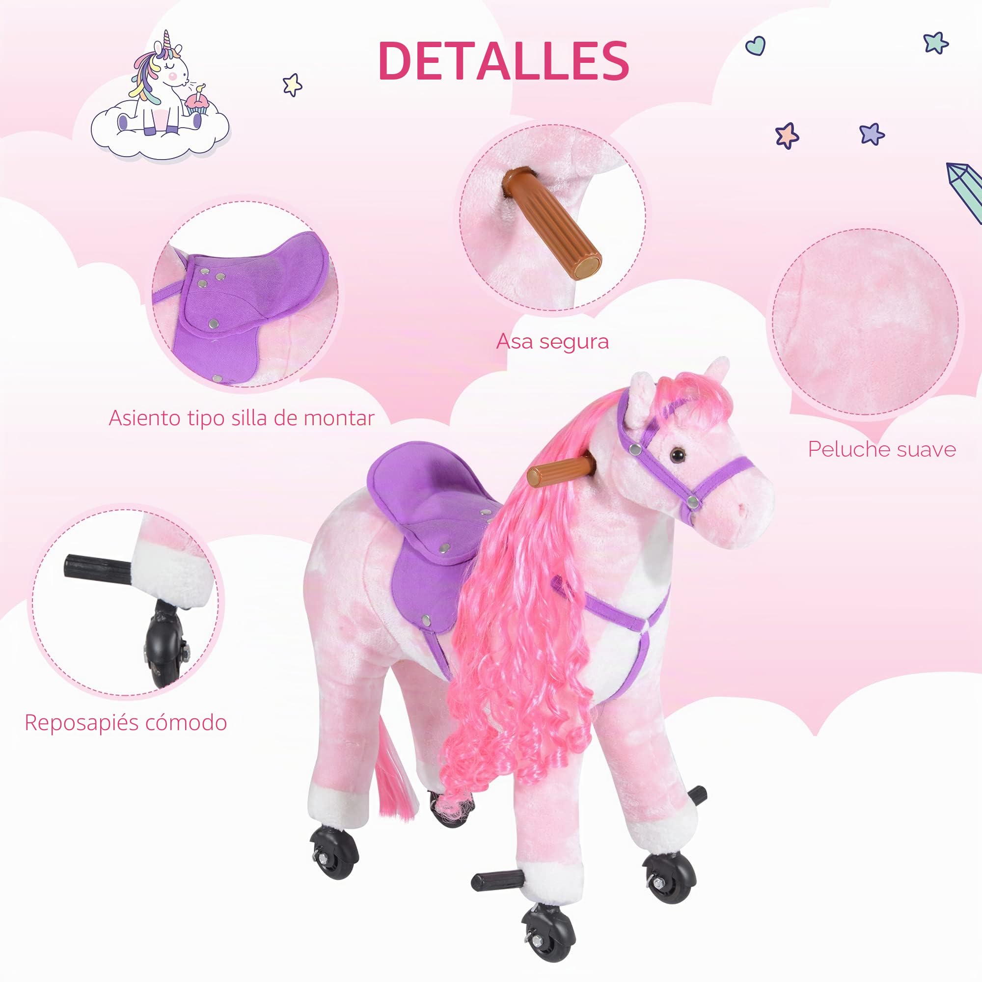 HOMCOM Caballo balancín para niños mayores de 3 años con 4 ruedas y sonidos realistas, Caballo balancín acolchado para niños con reposapiés, 65x28x75 cm, rosa