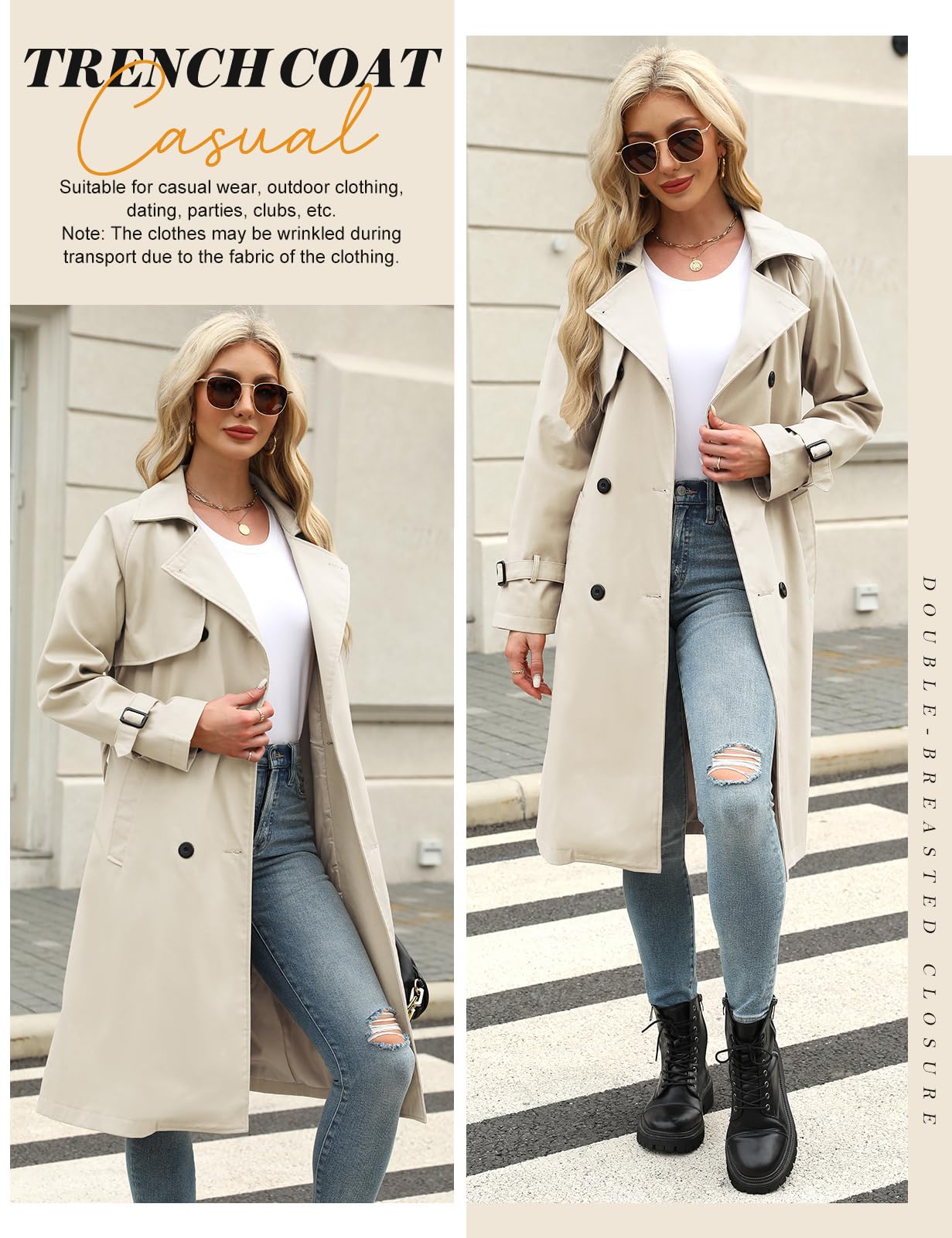 Vancavoo Trench Coat Femme Manteau Printemps Long Veste Blouson Classique Double Boutonnage Blazer Manteau Jacket Coat Automne Hiver Outwear