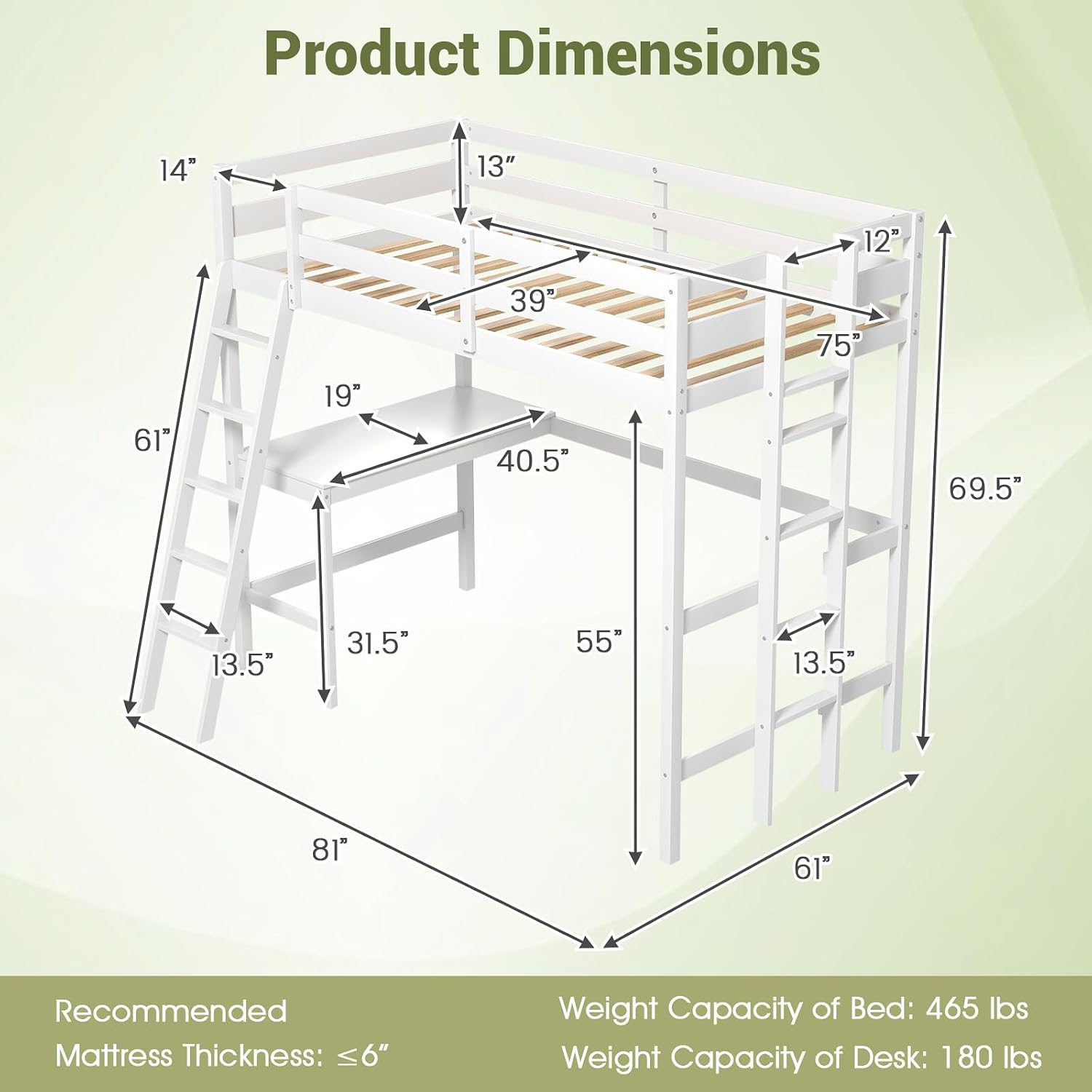 KOTEK Twin Loft Bed with Desk, Solid Wood Loft Bed Frame with 2 Ladders & Safety Guardrail, Modern Space-Saving Loft Bed for Kids Teenagers, No Box Spring Needed (White)