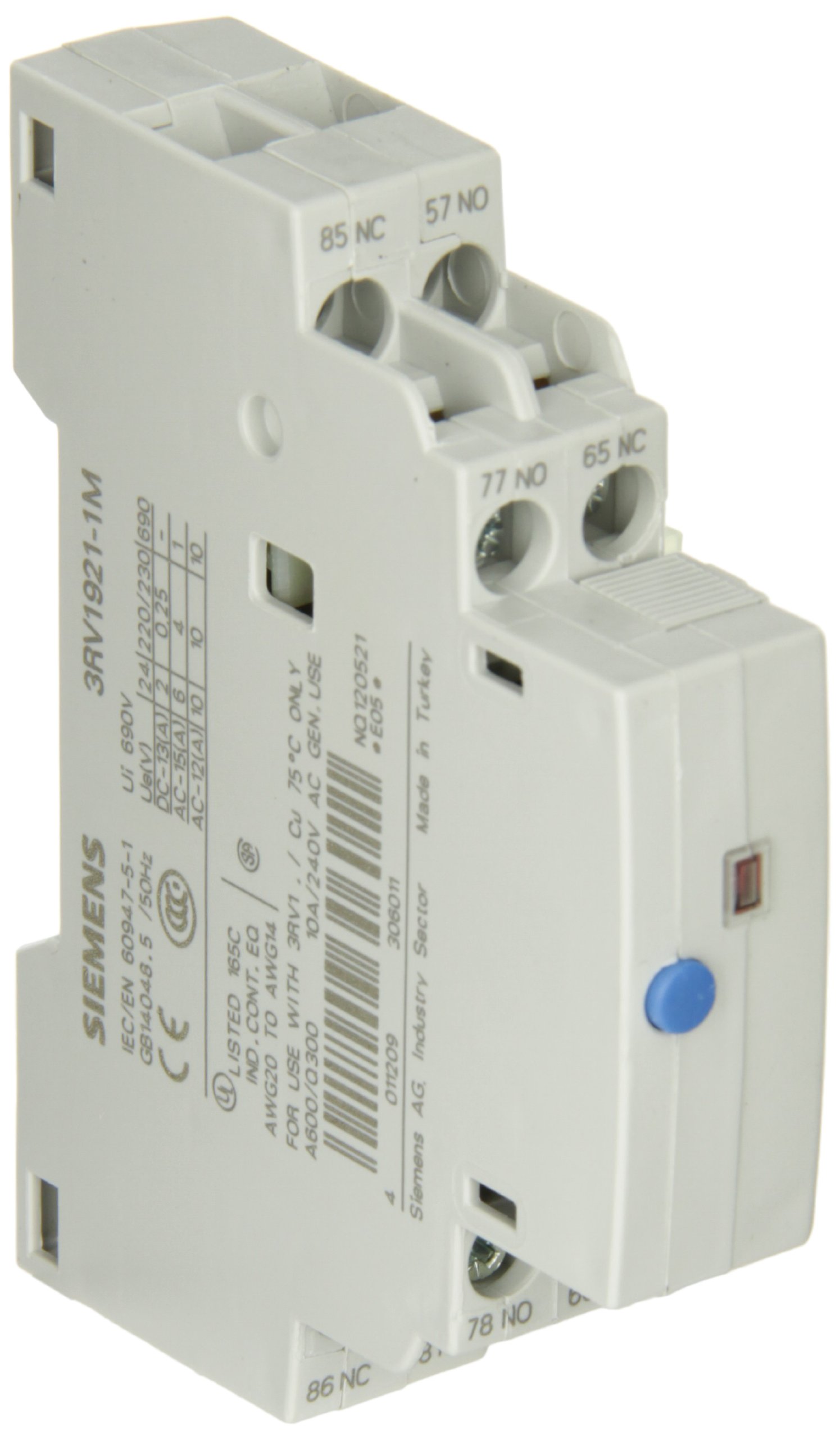Siemens 3RV1921-1M Signaling Contact Block, 1 Singal Contact Per 3RV Mountable on The Left Hand Side, 1 NO + 1 NC for Any Trip and 1 NO + 1 NC for Short Circuit Trip