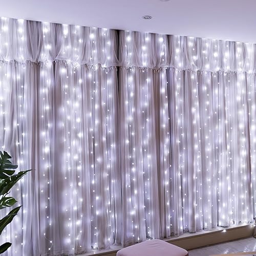Miniatura 27 de HXWEIYE 300 luces LED de cortina de hadas, 9.8 x 9.8 pies, enchufe USB, 8 modos de luces colgantes de Navidad con control remoto para dormitorio