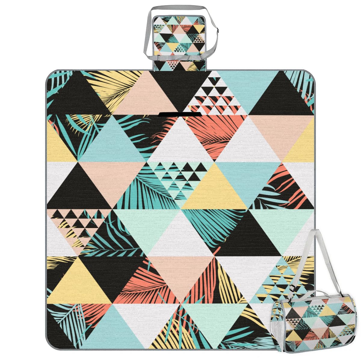 Manta de picnic cuadrada triangular con hojas tropicales, impermeable, plegable, para interiores y exteriores, para camping, playa, parque, reuniones familiares