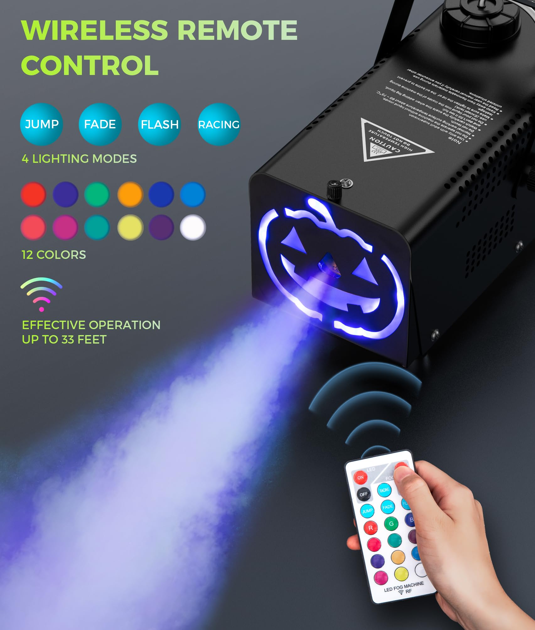 IMONE Fog Machine 500W 2000CFM 2 Spooky Themed Light Covers Smoke Machine with 72-LEDs with 12 Light Colors, Wireless Remote Controls, for Halloween, Wedding, Parties, DJ Stage, Indoor & Outdoor Use