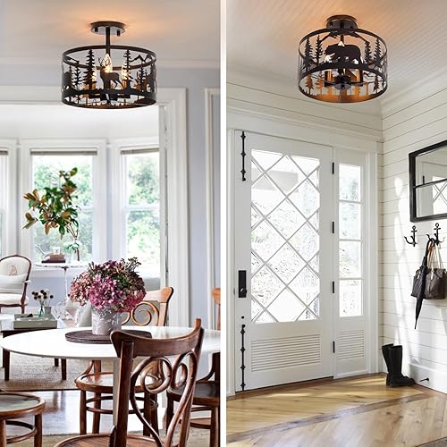 Miniatura 9 de Lámpara de techo rústica semiempotrada, base E12 de 3 luces, color negro, redonda, de metal, para cocina, pasillo, sala de estar, estilo industrial