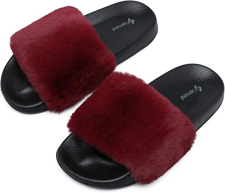 Slides for Women Womens Slippers Fur Fuzzy Fluffy for House Bedroom | Flat Slide Sandals Faux Fur Open Toe Arch Support Casual Indoor Outdoor Summer Winter