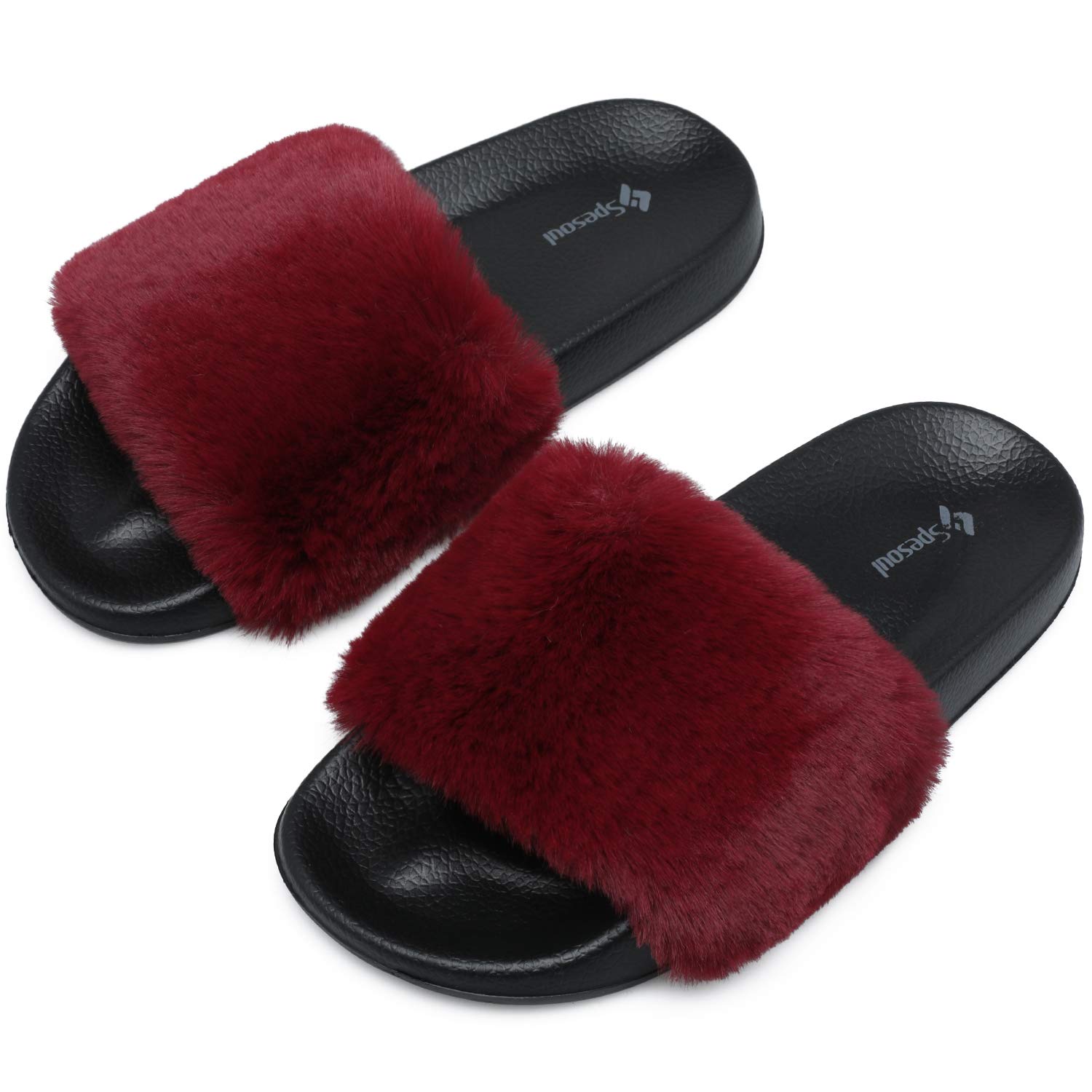 Spesoul Womens Fuzzy Slides Open Toe Furry Slide Slippers Indoor Outdoor Slides Sandals Casual Flat Fluffy House Slippers