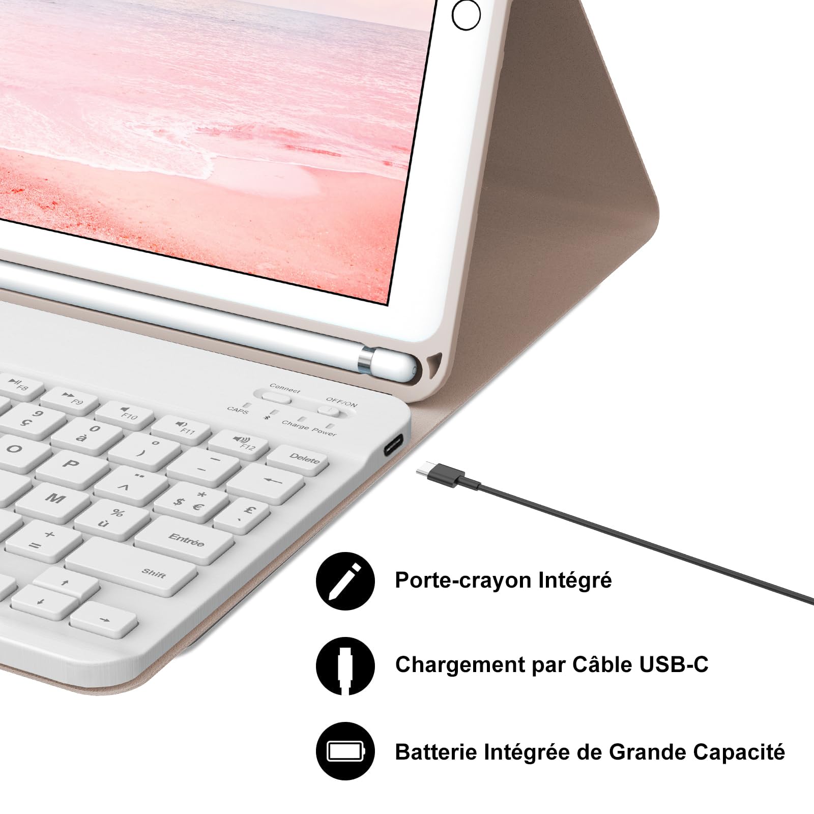 Funda teclado para iPad 9e/8e/7e Generation 10,2 pulgadas, AZERTY francés funda teclado Bluetooth desmontable con soporte para iPad 2021/2020/2019 10.2"/Air 3 2019/iPad Pro 10.5 2017, rosa
