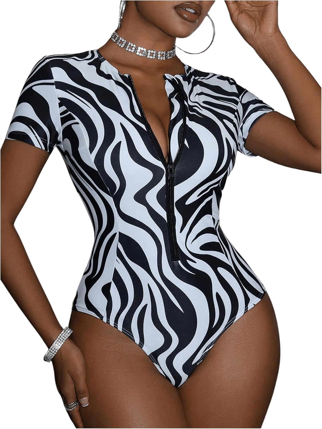 WDIRARA Women's One Piece Swimsuit Zebra Striped Short Sleeve Zipper Swimwear