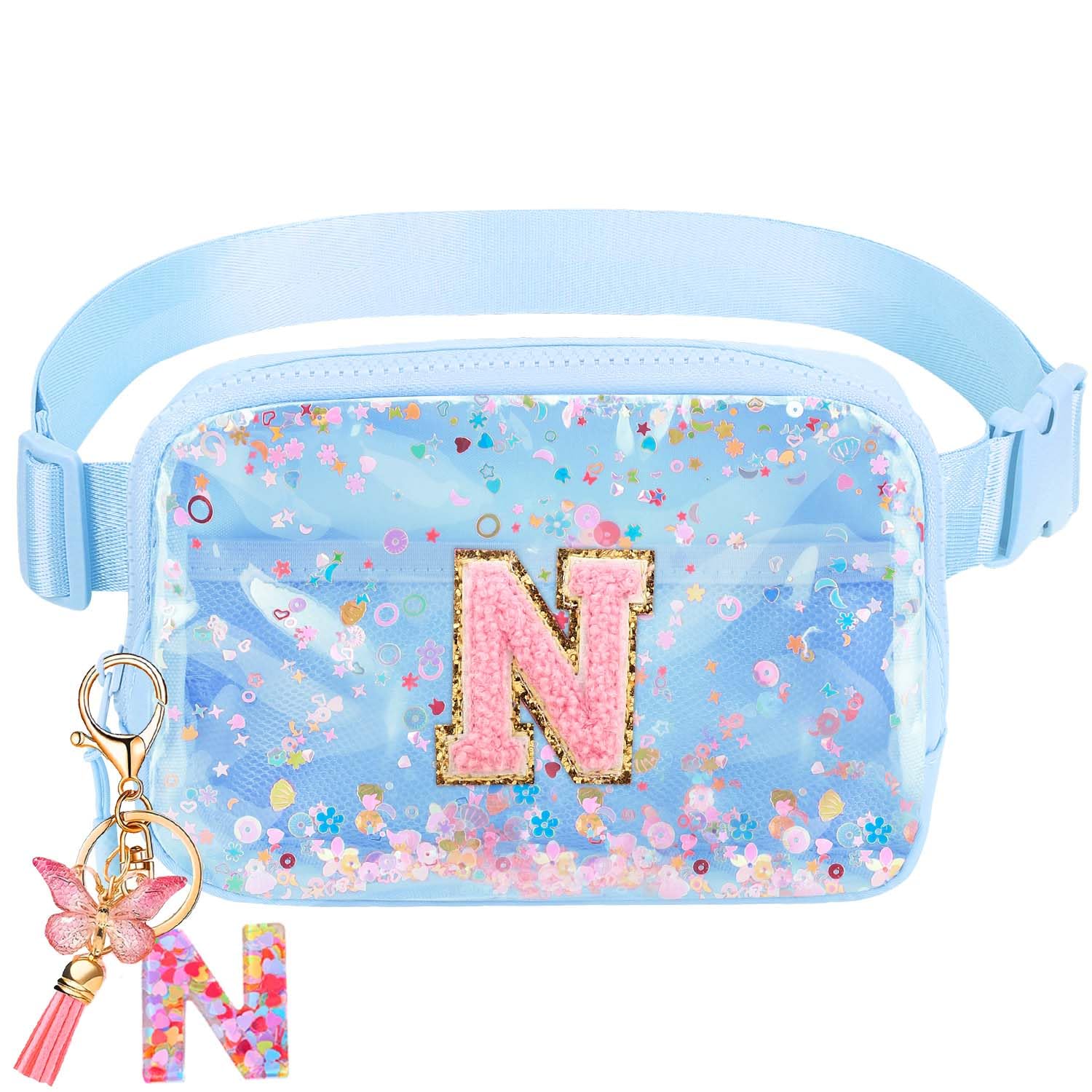 Initial Fanny Pack for Girls - Belt Bag for Teens Kid Teen Girl Kid Birthday Gift Blue Clear N