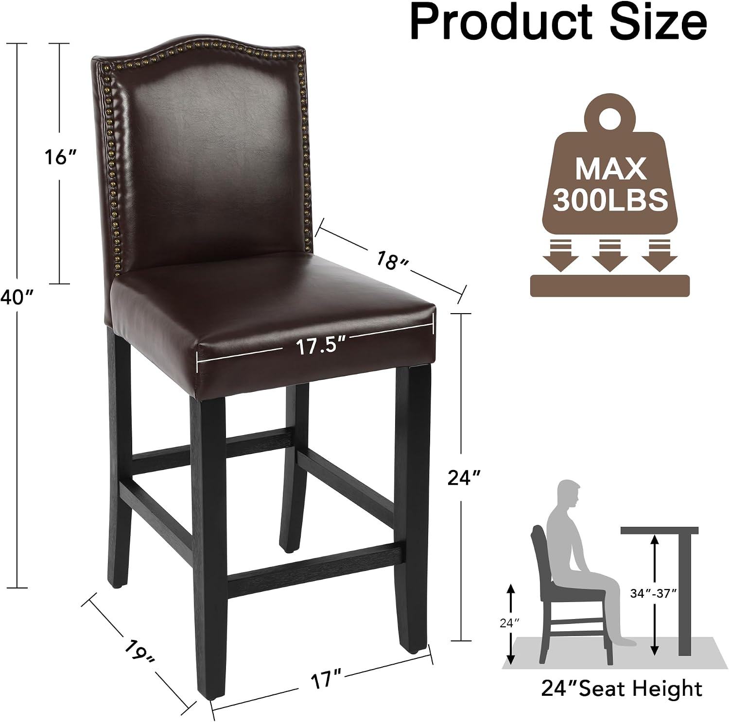 LSSBOUGHT Bar Stools Set of 2,24 Inch Upholstered PU Leather Counter Height Bar Stools,Modern Counter Stools with Nailheads and Solid Wood Legs for Home Kitchen and Restaurant,Brown