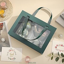 JINGUAN Green Gift Box with Window, Gift Box with Lid and Handle, Clear Magnetic Gift Box for Present, Bridesmaid Proposal Box (10.5x7.5x3 Inches