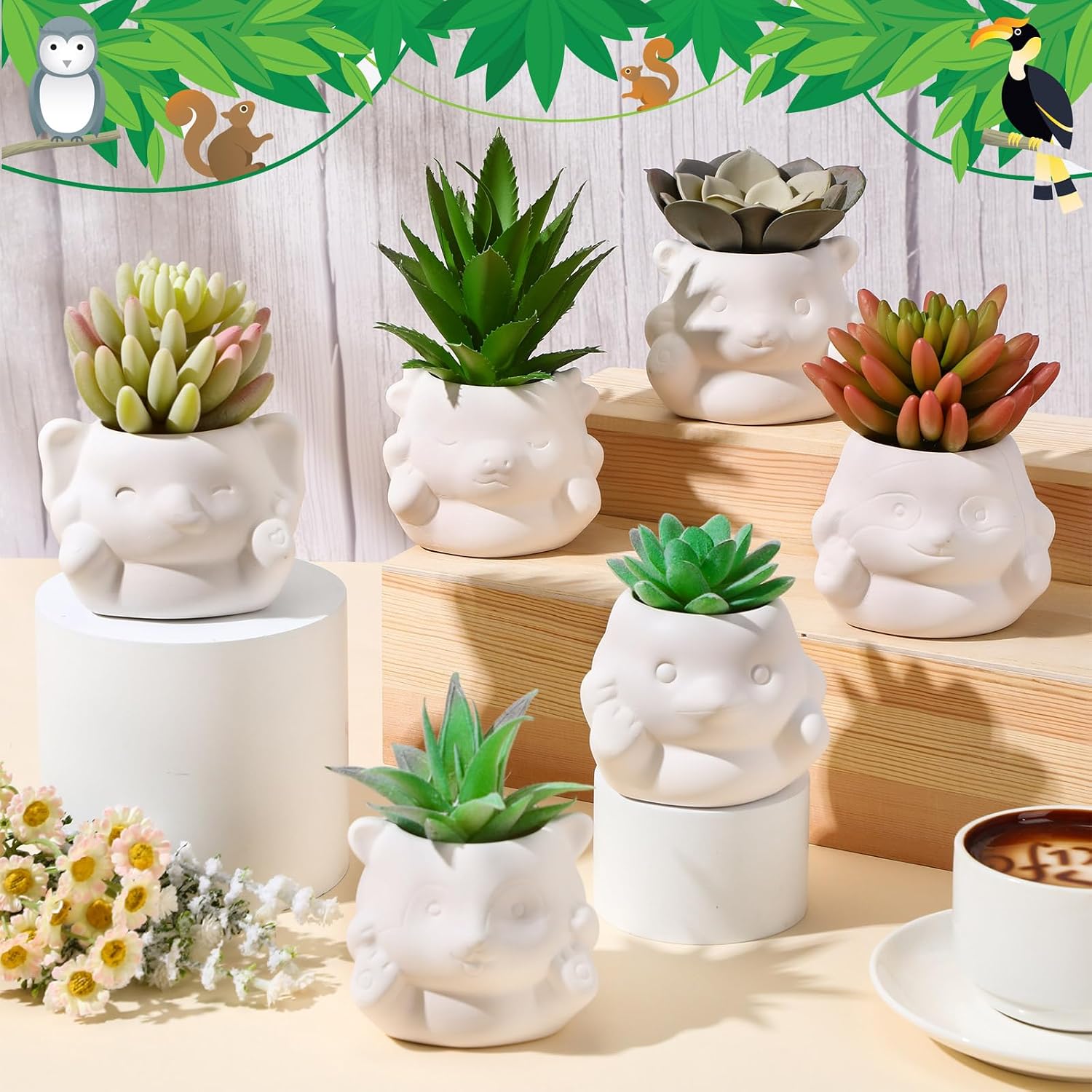 Chuangdi 6 Sets DIY Ceramic Succulent Pots Paint Animal Planters Unpainted Plant Flower Pot Paintable Ceramic Painting Kit Drainage Hole Color Paints Paintbrushes Palettes for Craft(Novel Style)