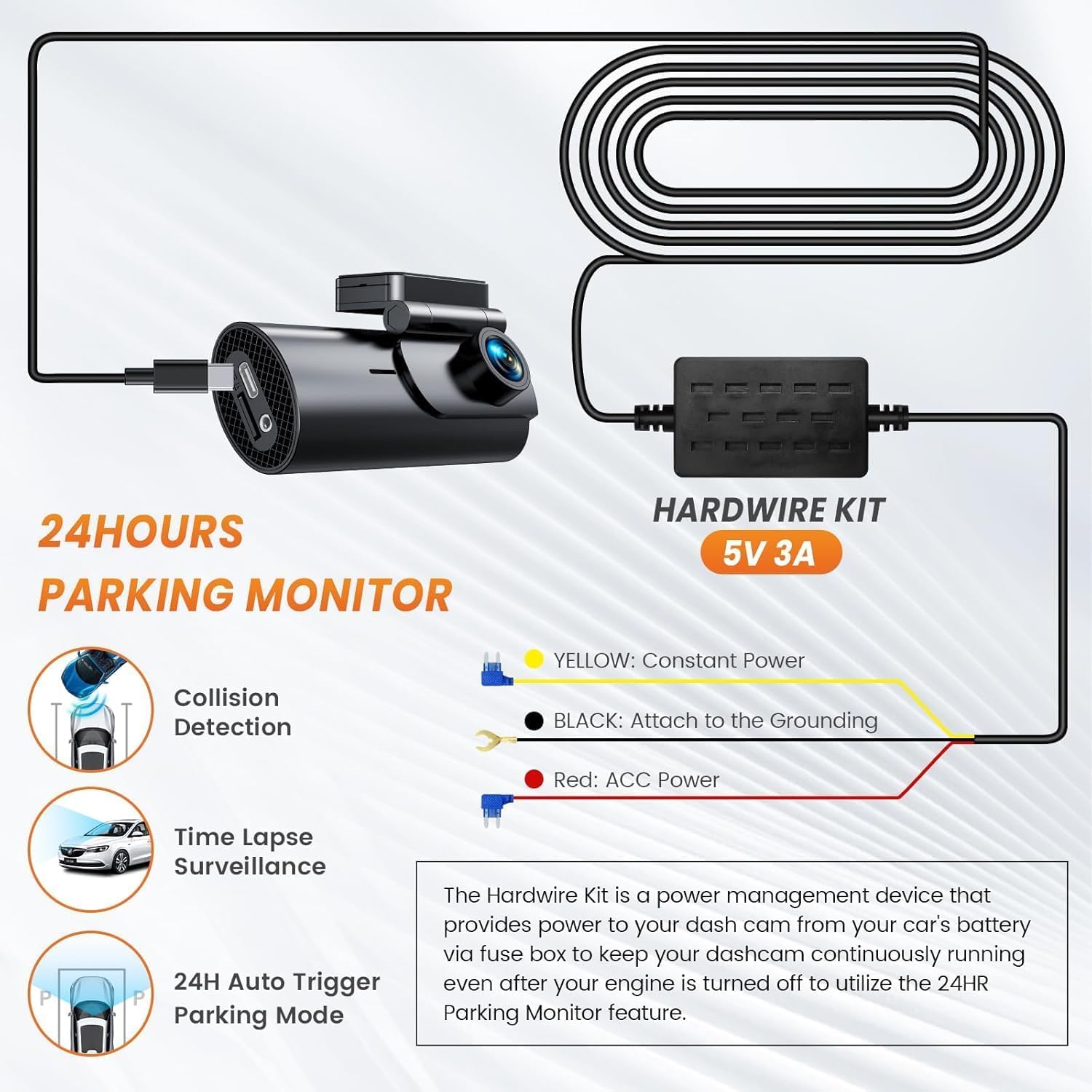 GKU Typ C Hardwire-Kit Dash Cam, 12V- 24V bis 5V 3A, 3,2 Meter Auto-Ladekabel-Kabel, Parküberwachung mit Unterspannungsschutz, Geeignet für alle GKU Dashcams, Nicht für andere Marken.