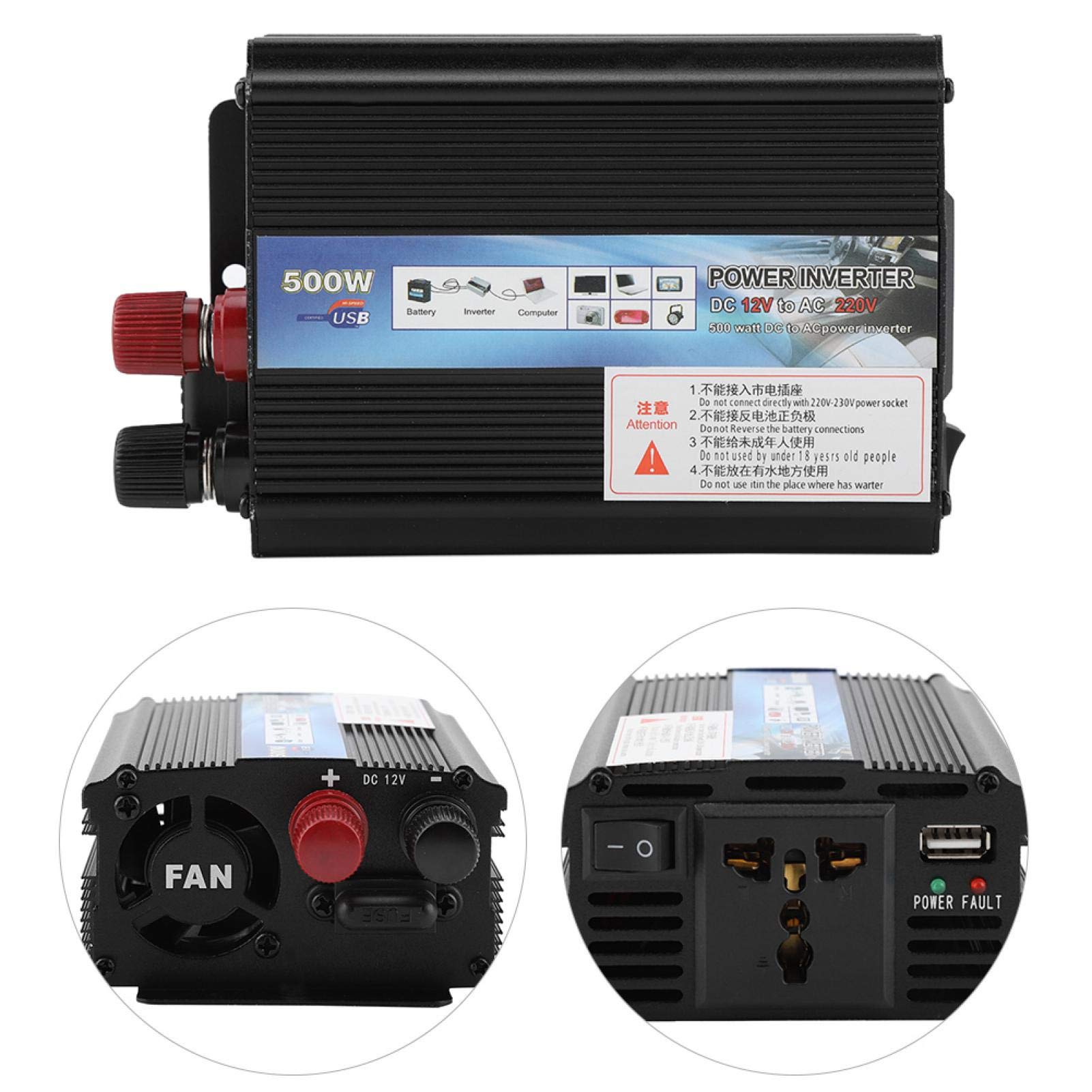 Fyearfly Inverter a Onda sinusoidale Pura, Inverter Convertitore 12 V 220V/100V 500W Inverter di Potenza con Pannello Solare per Camper, Camion, Barche, Campeggio, casa, Furgone(12v to 220v/500W)