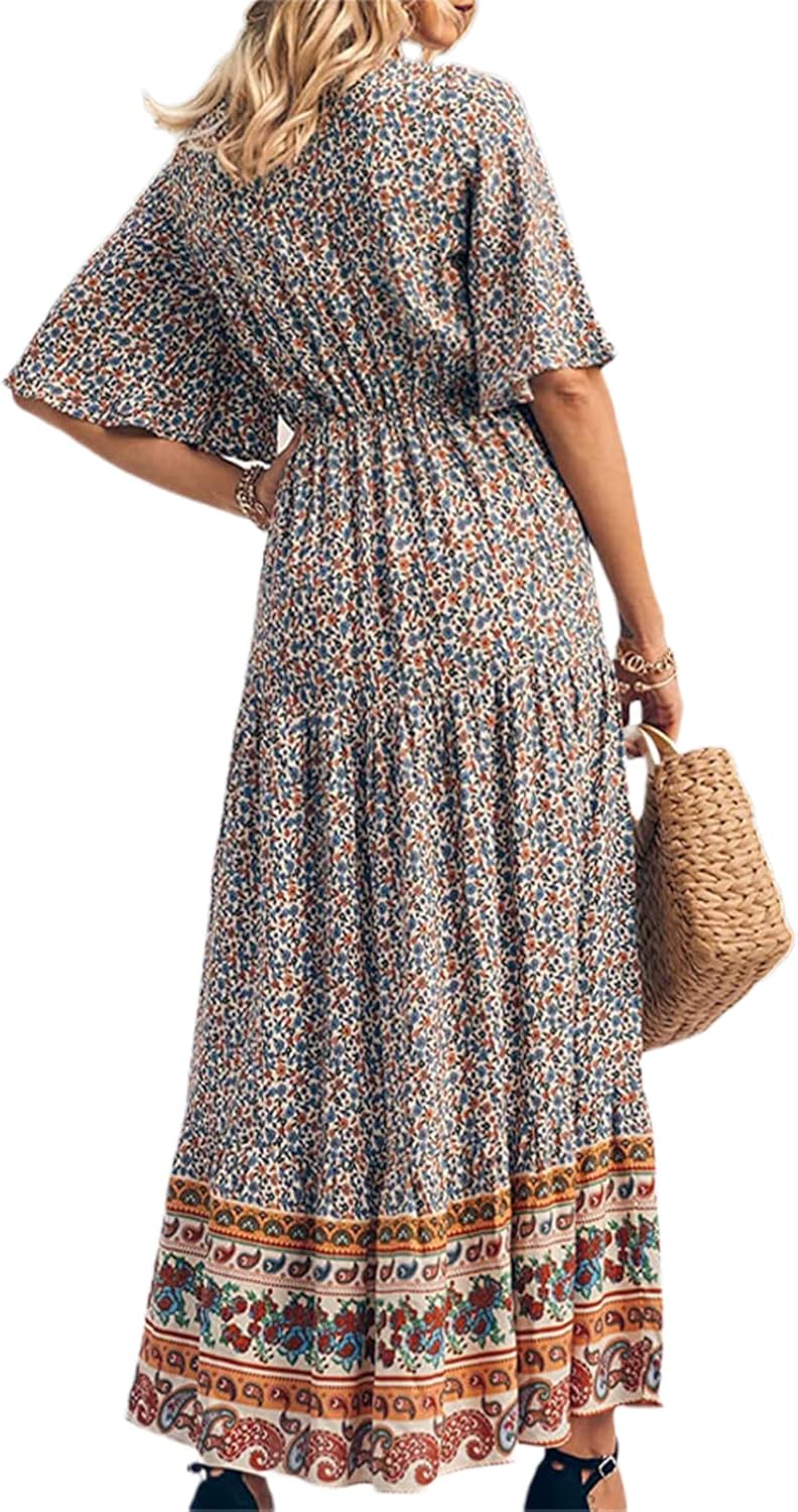 Women Summer Boho Maxi Dress 3/4 Sleeve V Neck Tie Front Maternity Dress Cotton Casual A-Line Baggy Sundress