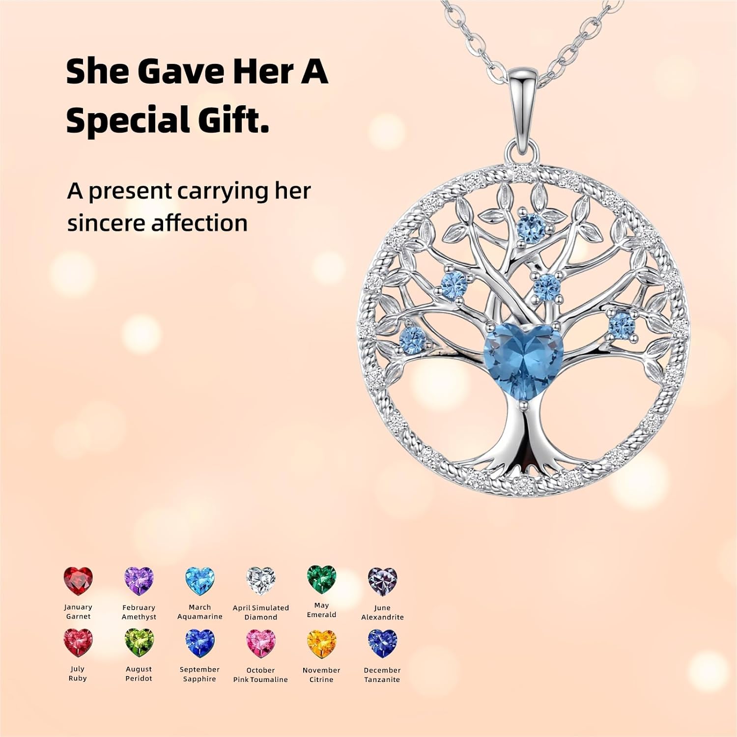 Tree of life necklace for women Birthstone Sterling Silver Pendant-Adjustable Chain, Ideal Jewelry gift for her, Girlfriend, Wife, Mom on Birthday, Anniversary - Image 4