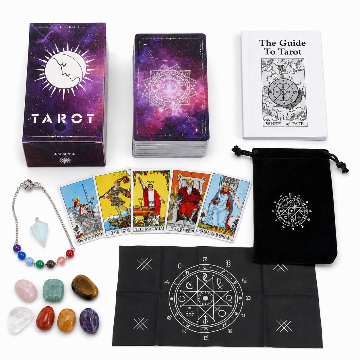 Purple Tarot Cards & Divination Starter Kit with 100-Page Guidebook, Velvet Pouch, Pendulum, Beaded Chain, 7 Polished Chakra Stones & Printed Tarot Cloth – Beginners Tarot Set