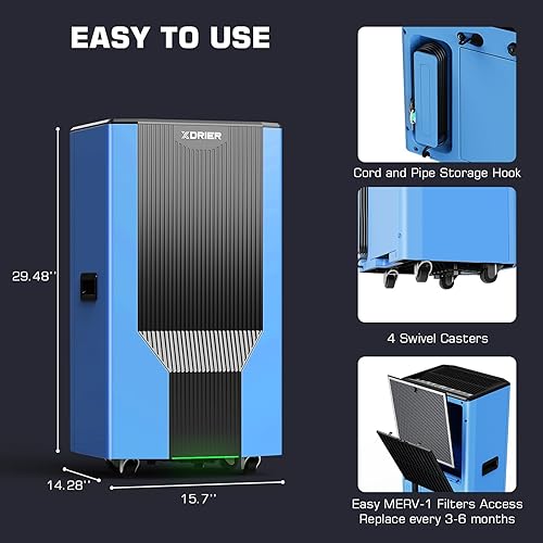Miniatura 7 de Deshumidificador comercial con bomba y manguera de drenaje para gran espacio de 2,600 pies cuadrados - 198 pintas deshumidificador para habitación