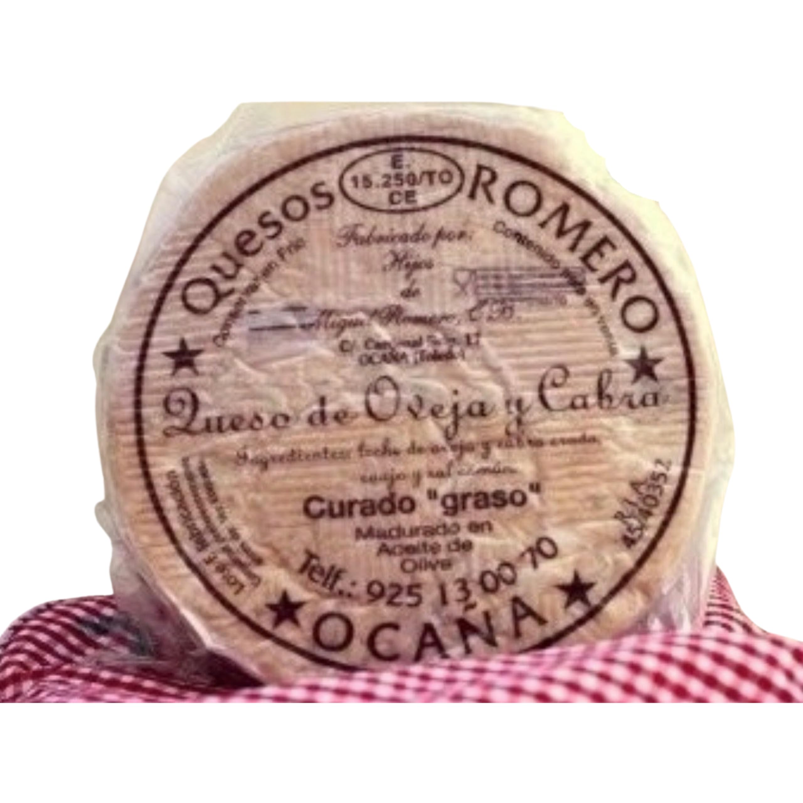 1/2 QUESO ROMERO OCAÑA para paladares exquisitos, graso, mantecoso, con pique, granuloso y quebradizo, color ocre, debido a su larga maduración de hasta 2 años