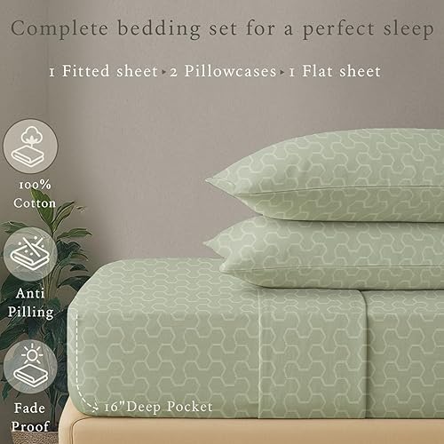 Miniatura 3 de Threadmill Juego de sábanas de algodón de lujo de 500 hilos, 4 piezas, tamaño matrimonial, jacquard Floria verde salvia, sábanas suaves y sedosas