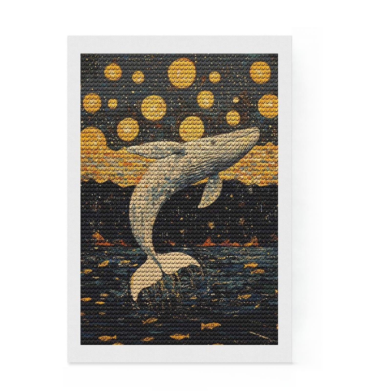 Junmoney Whale Leaping Into Stars Full Drill Diamond Painting Kit 8"x12", Full Kit Included, Aesthetic Room Decor, for Family Craft Time