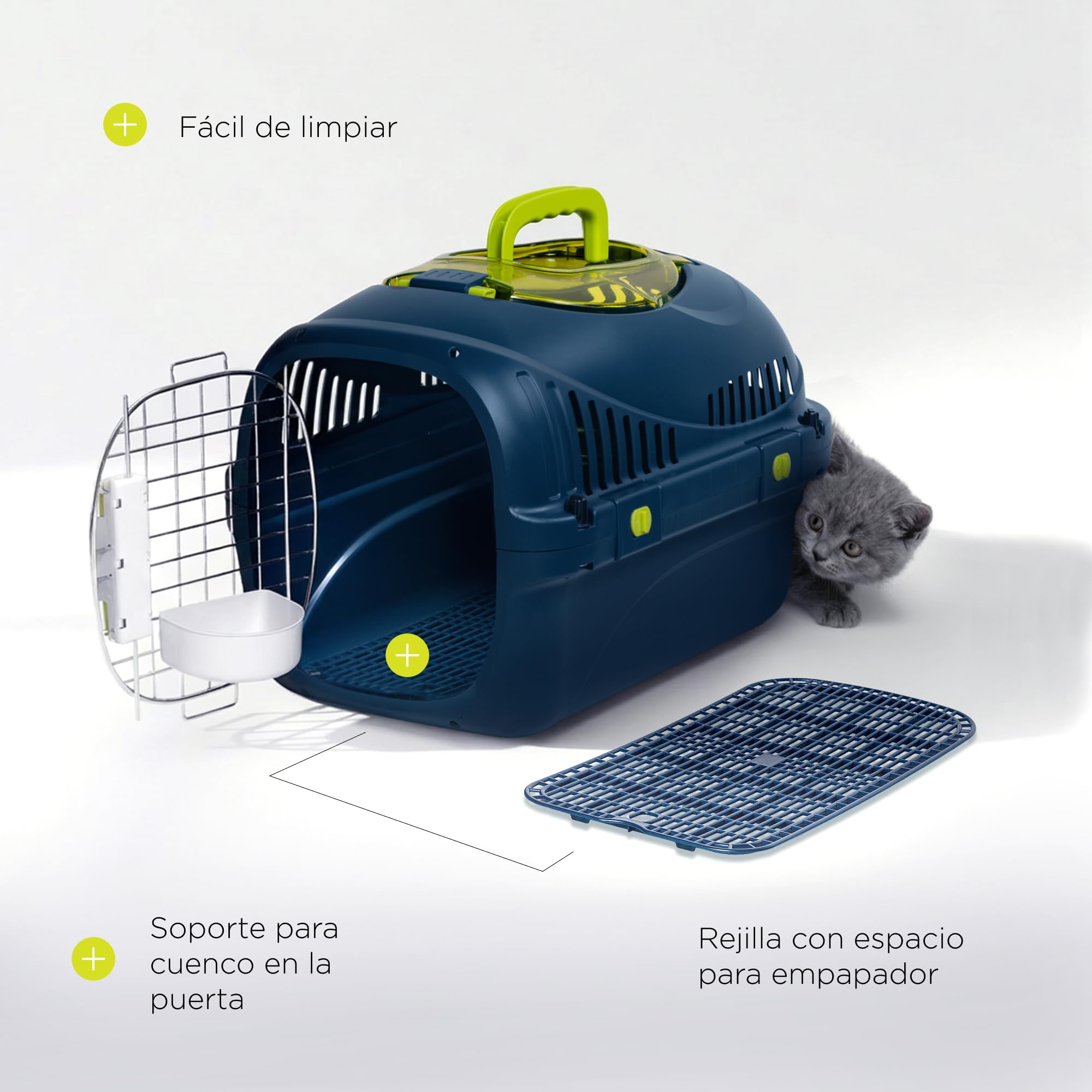 Safy Transportín para Gatos Rígido, Carcasa PP, Puerta de Metal con Doble Cierre Seguro, Ventilación 360, Asa Plegable, Rejilla para Empapador y Cuenco Colgable, para Coche y Viaje, hasta 5 kg