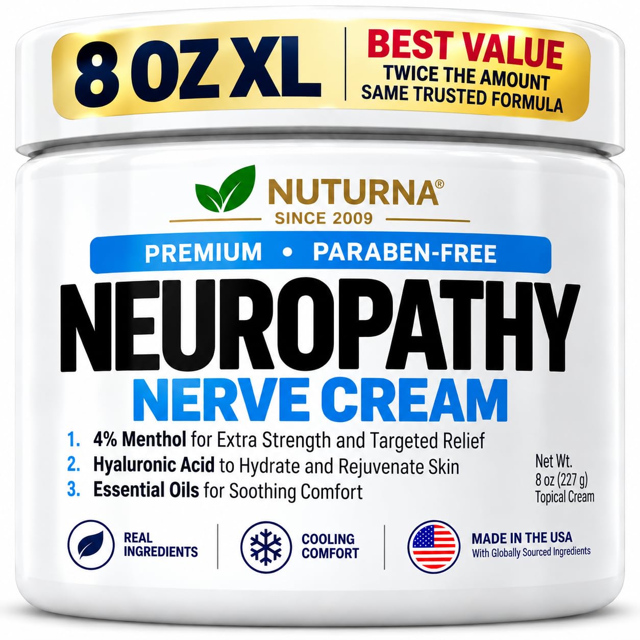 Neuroturna Nerve Relief Cream - Premium Nerve Cream 3X Action for Targeted Relief and Soothing Nerve Comfort - Maximum Strength with 4% Menthol, MSM for Feet Hands Legs Toes &amp; Back - 8 Oz