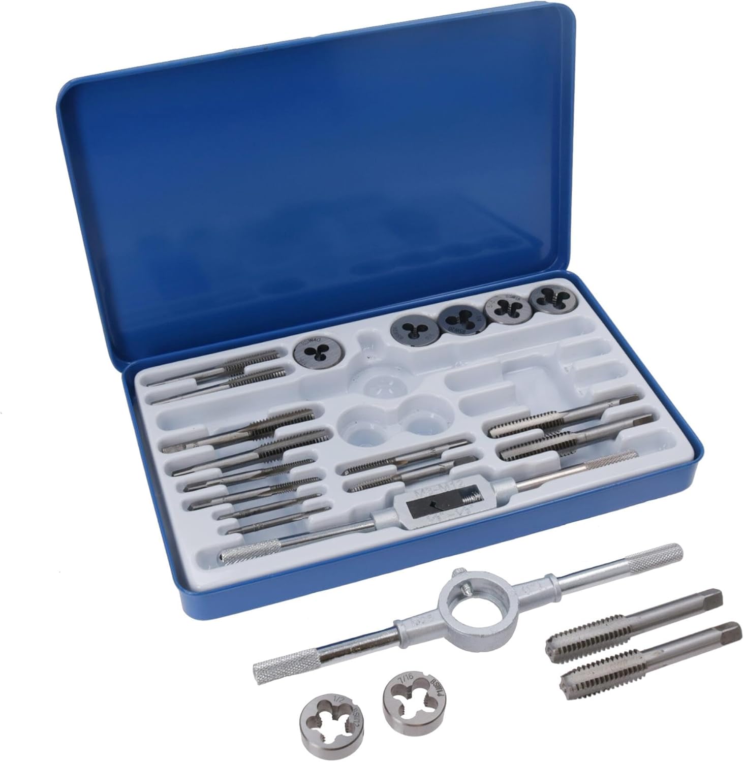 23pc BSW British Standard Whitworth Tap and Die Set with 1/8 - 1/2 BSW, 25mm (1 inch) Dies, Taps, Tap & Die Wrench, Storage Case