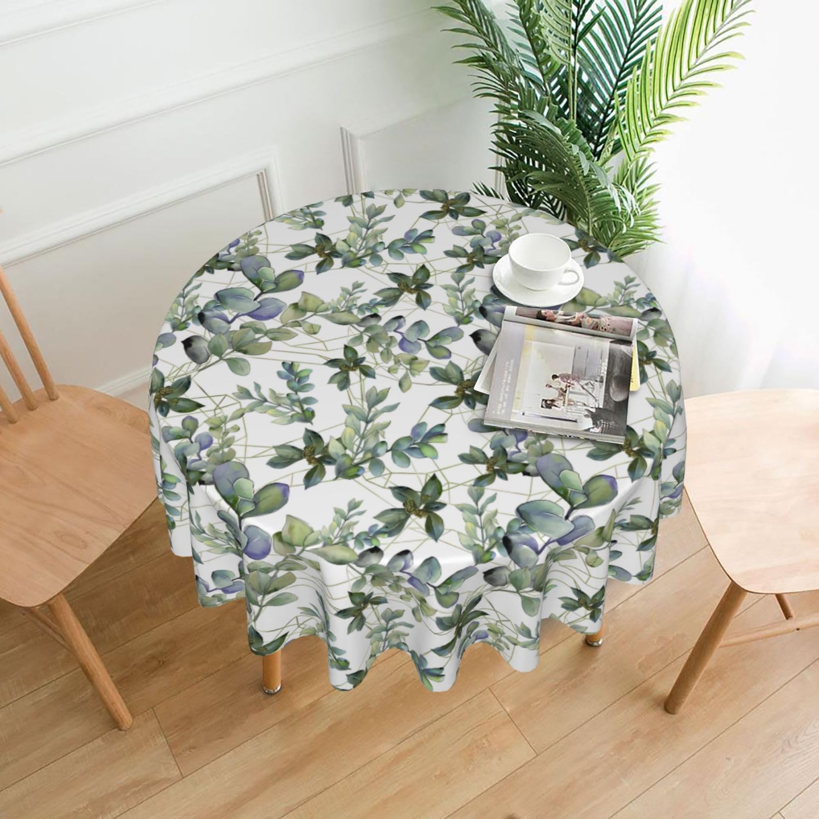 YYHHAOFA Green Eucalyptus Leaves Prints 60in Round Decorative Tablecloth – High-Grade Polyester Throw Cover for Dining, Parties, and Outdoor Events