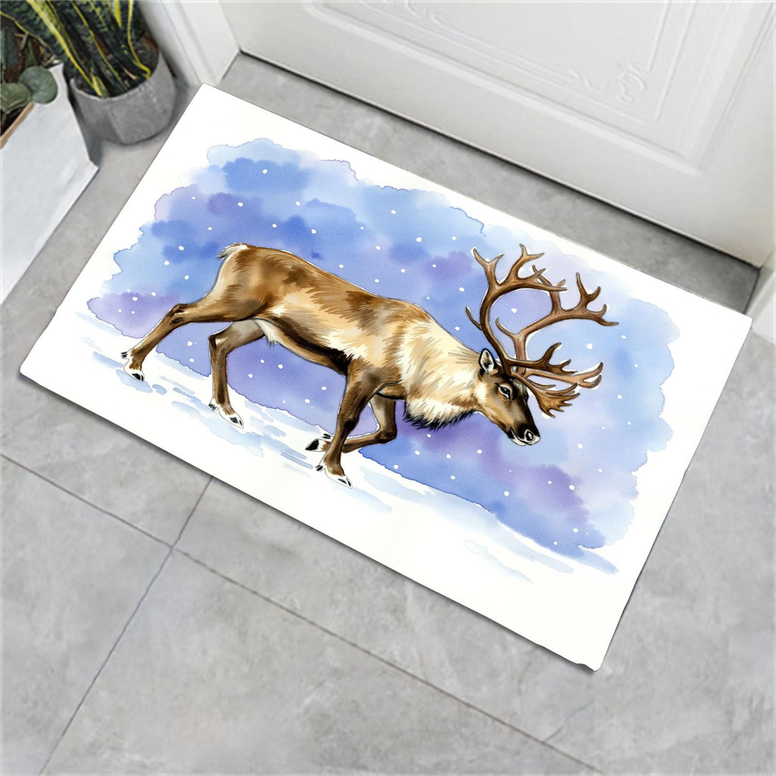 Felpudo Entrada Casa, 90X150Cm Alfombra Entrada Antideslizante Animales De Acuarela Invernales, Alfombrilla Fino Renos Naturales Absorbentes Lavable para Entrada, Pasillo, Cocina, Azul Claro