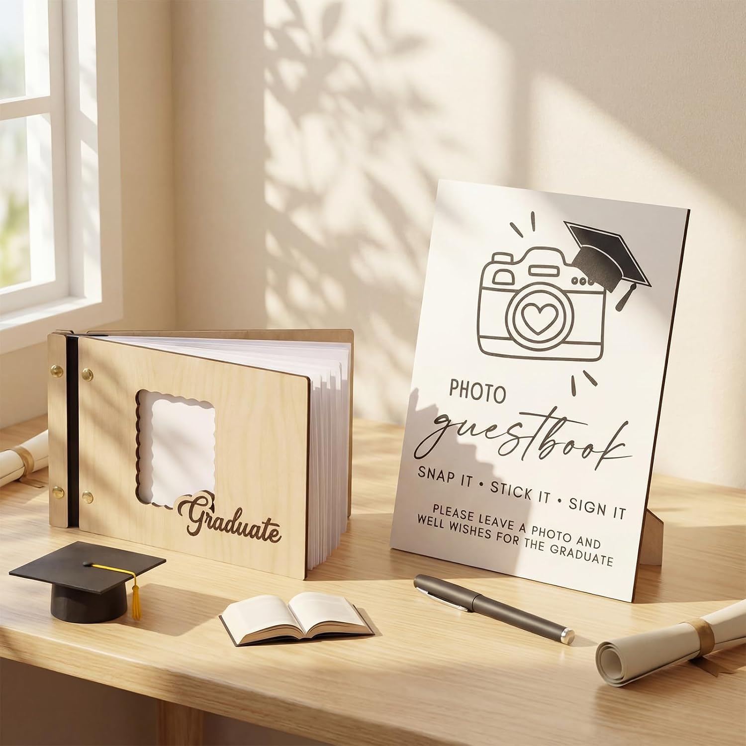 Marspark Graduation Guest Book Set 16 x 9" 90 Pages Wooden Scrapbook Photo Album Photo Guest Book Sign with Pen Graduation Memory for College Gift Congratulations Grad Party Decorations